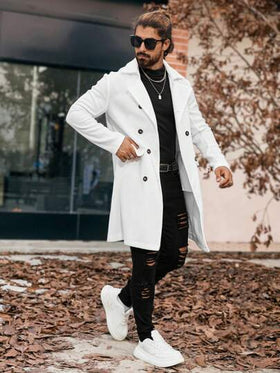 Manfinity Homme معطف طويل أنيق أحادي اللون ذو صدر مزدوج وأكمام طويلة وجيوب، للخريف والشتاء، باللون الأبيض، طراز قديم