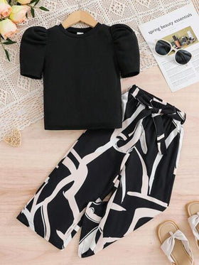 SHEIN مجموعة من قطعتين، ملابس علوية محبوكة ذات أكمام منفوخة وياقة مستديرة، وبنطلون فضفاض كاجوال للفتيات الصغيرات