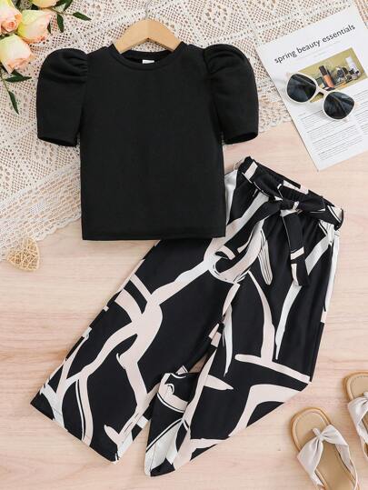 SHEIN مجموعة من قطعتين، ملابس علوية محبوكة ذات أكمام منفوخة وياقة مستديرة، وبنطلون فضفاض كاجوال للفتيات الصغيرات