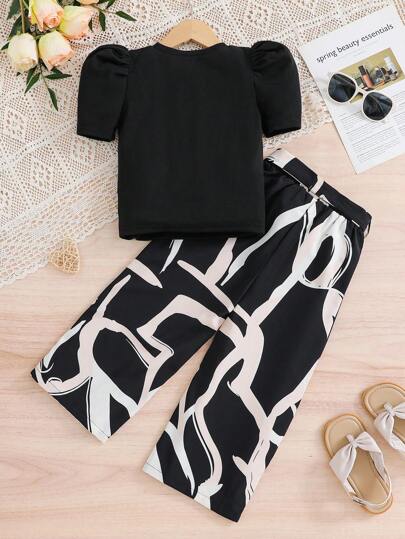 SHEIN مجموعة من قطعتين، ملابس علوية محبوكة ذات أكمام منفوخة وياقة مستديرة، وبنطلون فضفاض كاجوال للفتيات الصغيرات