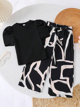 SHEIN مجموعة من قطعتين، ملابس علوية محبوكة ذات أكمام منفوخة وياقة مستديرة، وبنطلون فضفاض كاجوال للفتيات الصغيرات