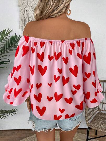 Breezaya قميص نسائي كاجوال بتصميم الأكتاف المكشوفة وطية الأطراف والربط الأمامي بطبعة قلب، مناسب للاستخدام اليومي، العطلات، عيد الحب