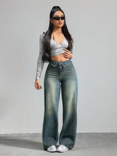 SHEIN Tall بنطلونات جينز حريمي مناسبة بأقدام مستقيمة، بنطلونات جينز حريمي فضفاضة ، بنطلونات حريمي طويلة ذات قصر منخفض، بنطلونات جينز فضفاضة