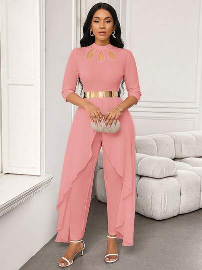 Lady جمبسوت نسائية ذات تصميم أساور متوسطة الطول وهيكل غير متماثل مفتوح لأسفل، بتصميم ناعم أنيق وتفريغ بطريقة الورقة الأبيض