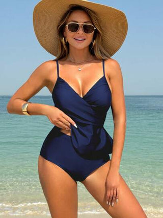 طقم تانكيني حريمي Swim Lushoire مجموعة ملابس السباحة مكونة من 2 قطعة بلون أحادي بتصميم مجعد وتصميم متقاطع امامي باكتاف مموجة لفصل الصيف