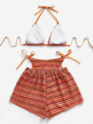 Swim Lushoire قطعة واحدة ملابس نسائية مقاس كبير 3 قطع مكونة من ملابس علوية علوي مثلث وسفلي مخطط مع شورت غطاء للاصطياف الصيفي