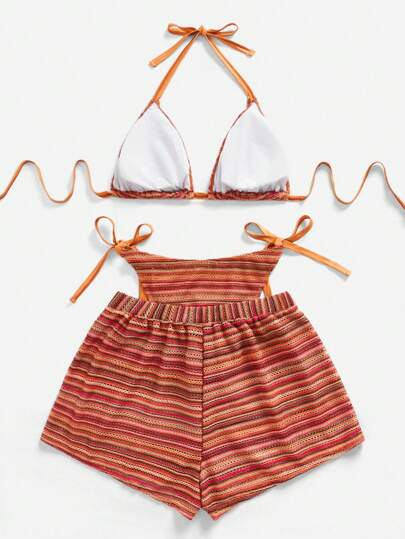 Swim Lushoire قطعة واحدة ملابس نسائية مقاس كبير 3 قطع مكونة من ملابس علوية علوي مثلث وسفلي مخطط مع شورت غطاء للاصطياف الصيفي