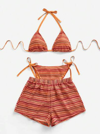 Swim Lushoire قطعة واحدة ملابس نسائية مقاس كبير 3 قطع مكونة من ملابس علوية علوي مثلث وسفلي مخطط مع شورت غطاء للاصطياف الصيفي