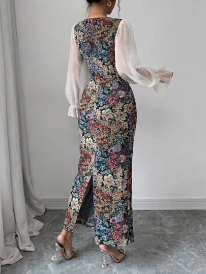 Modelyn فستان أنيق بطبعات ملونة من ربطة عنق شيفون مربعة ، خصر ضيق ، أكمام طويلة ، وتصميم A-Line
