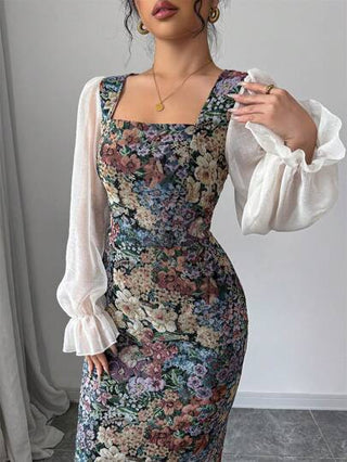 Modelyn فستان أنيق بطبعات ملونة من ربطة عنق شيفون مربعة ، خصر ضيق ، أكمام طويلة ، وتصميم A-Line