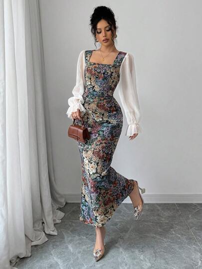 Modelyn فستان أنيق بطبعات ملونة من ربطة عنق شيفون مربعة ، خصر ضيق ، أكمام طويلة ، وتصميم A-Line