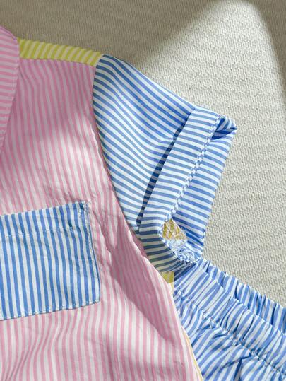 SHEIN زي طفل مكون من قميص بياقة وجيب وشورت ذو خطوط ذات لونين متباينين، 2 قطعة/مجموعة