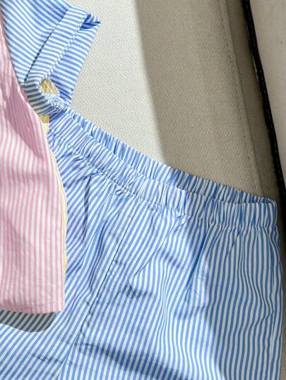 SHEIN زي طفل مكون من قميص بياقة وجيب وشورت ذو خطوط ذات لونين متباينين، 2 قطعة/مجموعة