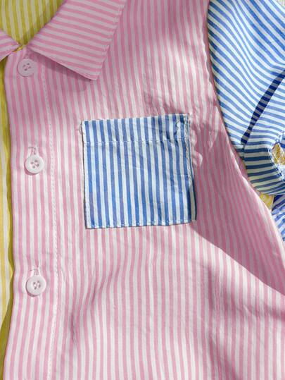 SHEIN زي طفل مكون من قميص بياقة وجيب وشورت ذو خطوط ذات لونين متباينين، 2 قطعة/مجموعة