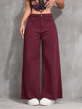 SHEIN PETITE بنطلون جينز نسائي فضفاض بساق واسعة وجيوب، متعدد الاستخدامات
