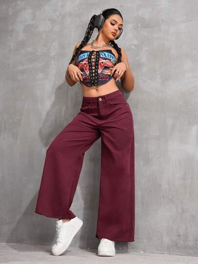 SHEIN PETITE بنطلون جينز نسائي فضفاض بساق واسعة وجيوب، متعدد الاستخدامات
