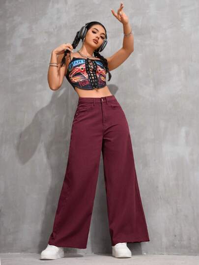 SHEIN PETITE بنطلون جينز نسائي فضفاض بساق واسعة وجيوب، متعدد الاستخدامات