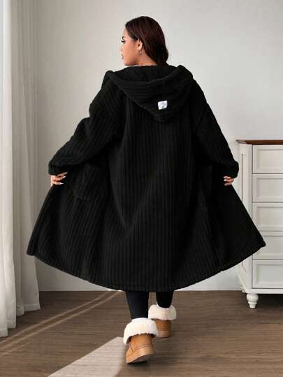 SHEIN EZwear جاكيت نسائي كاجوال طويل الأكمام بغطاء رأس ورسومات حروف، مصنوع من قماش فليس ذو وجهين، مع خيط للربط، مناسب للخريف والشتاء