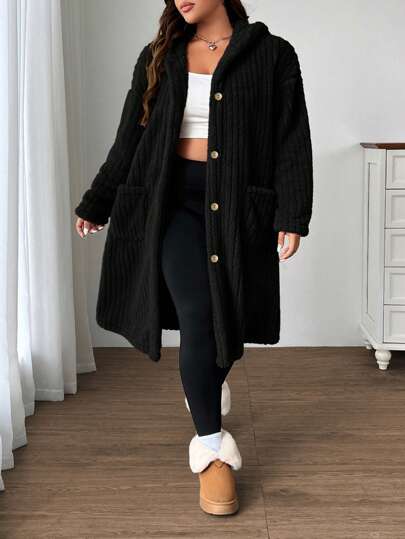 SHEIN EZwear جاكيت نسائي كاجوال طويل الأكمام بغطاء رأس ورسومات حروف، مصنوع من قماش فليس ذو وجهين، مع خيط للربط، مناسب للخريف والشتاء