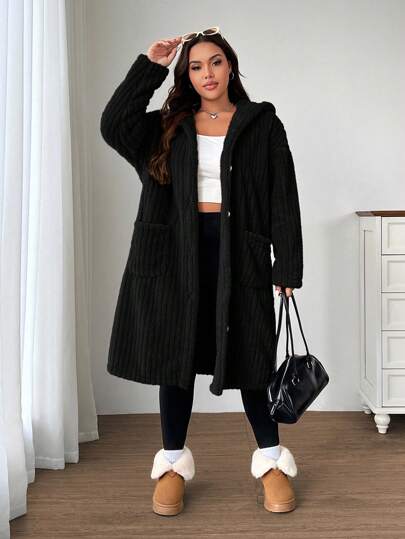 SHEIN EZwear جاكيت نسائي كاجوال طويل الأكمام بغطاء رأس ورسومات حروف، مصنوع من قماش فليس ذو وجهين، مع خيط للربط، مناسب للخريف والشتاء