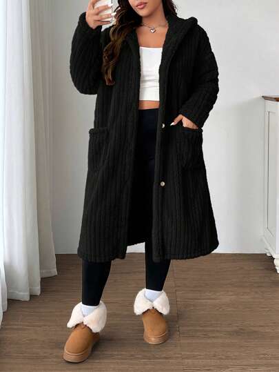 SHEIN EZwear جاكيت نسائي كاجوال طويل الأكمام بغطاء رأس ورسومات حروف، مصنوع من قماش فليس ذو وجهين، مع خيط للربط، مناسب للخريف والشتاء