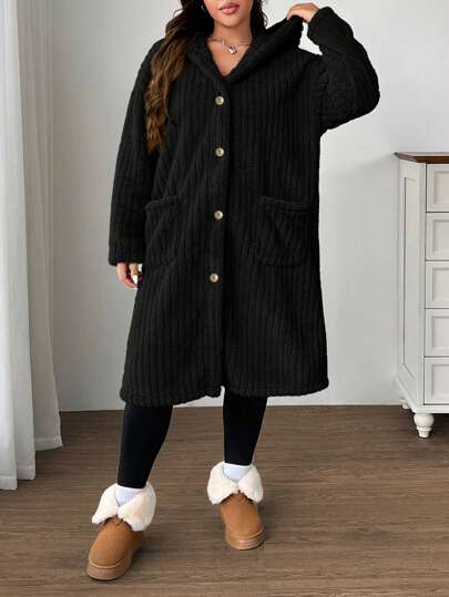 SHEIN EZwear جاكيت نسائي كاجوال طويل الأكمام بغطاء رأس ورسومات حروف، مصنوع من قماش فليس ذو وجهين، مع خيط للربط، مناسب للخريف والشتاء