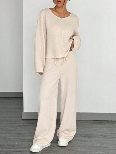 SHEIN EZwear مجموعة من قطعتين للنساء تشمل ملابس علوية بأكمام طويلة وسراويل ضيقة ذات لون سادة للملابس الرياضية اليومية