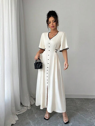 فساتين حريمي Elenzga فستان نسائي جديد موسم الربيع/الصيف ذو طابع التصميم، بياقة على شكل حرف V باللون البيج المتباين مع الأسود، أكمام مكسرة، شريط ربط متباين، تصميم A-line، مخفف، شق، رسمي للعطلات، أنيق عالي المستوى