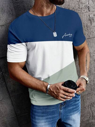 Manfinity Homme تي شيرت تي قصير الأكمام بياقة مستديرة لون سادة مرقّع بسيط كاجوال للرجال
