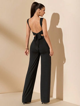 SHEIN BAE بدلة قفزة أنيقة وجريئة ذات ظهر مكشوف وربطة عنق وبأرجل واسعة ومميزة، مناسبة للاستخدام اليومي والمناسبات والحفلات والتجمعات والخروج، بتصميم غير متماثل وأرجل واسعة، بدلة قفزة عيد الحب، بدلة قفزة كاجوال، بدلة قفزة أنيقة