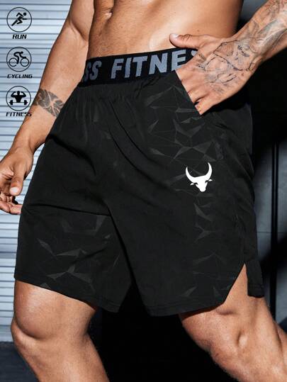 Manfinity Sport Streetwear شورت رجالي كاجوال بطبعة ثور وشعار على الشريط الشبكي، ملابس رياضية، شورت رياضي أسود، شورت رياضي أسود، شورت رياضي رجالي