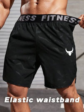 Manfinity Sport Streetwear شورت رجالي كاجوال بطبعة ثور وشعار على الشريط الشبكي، ملابس رياضية، شورت رياضي أسود، شورت رياضي أسود، شورت رياضي رجالي