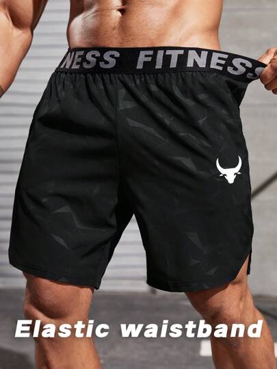 Manfinity Sport Streetwear شورت رجالي كاجوال بطبعة ثور وشعار على الشريط الشبكي، ملابس رياضية، شورت رياضي أسود، شورت رياضي أسود، شورت رياضي رجالي