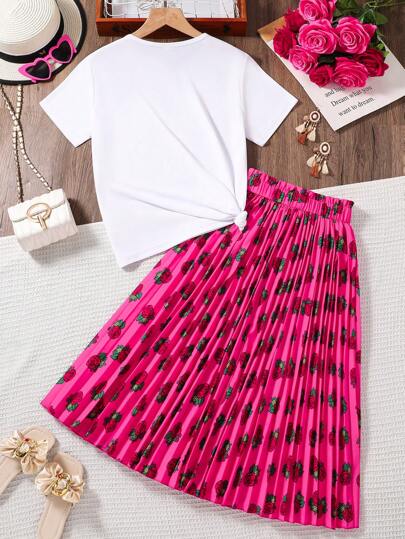 girls-sets طقم بلوزة وتنورة للبنات (مقاس كبير) بياقة دائرية وأكمام قصيرة مطبوعة بتصميم بسيط، 2 قطعة