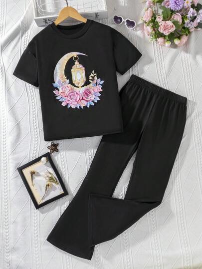 girls-sets طقم فتاة عمر المراهقة 2 قطعة، تي شيرت كاجوال بطباعة القمر والزهور + سروال واسع، طقم تي شيرت أكمام قصيرة وبنطلون طويل