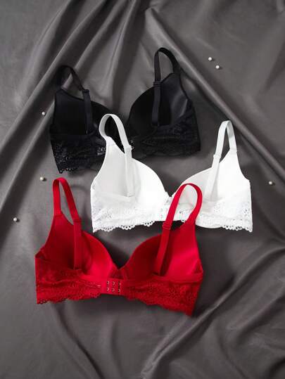 Shein Underwear&Sleepwear Basics 3 قطع/مجموعة نساء طقم حمالة صدر بحمالات رفيعة وتريم دانتيل بلون واحد