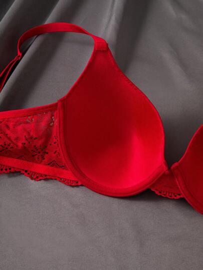 Shein Underwear&Sleepwear Basics 3 قطع/مجموعة نساء طقم حمالة صدر بحمالات رفيعة وتريم دانتيل بلون واحد