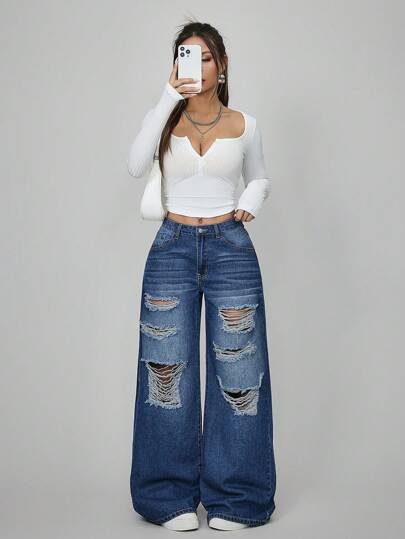 EZwear جينز نسائي بقصة بسيطة غير رسمية مع جيوب أمامية وأزرار