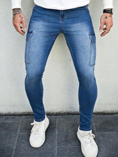 Manfinity Homme بنطلون جينز أزرق كاجوال بجيب بموديل رفيع مناسب للاستخدام اليومي للرجال