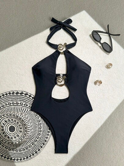 مايوه حريمي قطعة واحدة Swim SXY بذلة سباحة نسائية واحدة قصيرة الظهر عارية الظهر بتصميم الحزام، بتصميم أحادي اللون، مناسبة للصيف والشاطئ