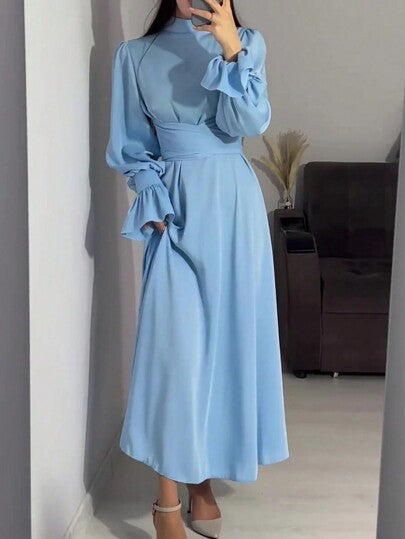 فساتين حريمي ثوب سهرة نسائي أنيق مزين بالكشكشة والربطة، من تصميم اللحام والياقات الرجعية، من القماش الأطلسي الصلب، لإطلالة مميزة