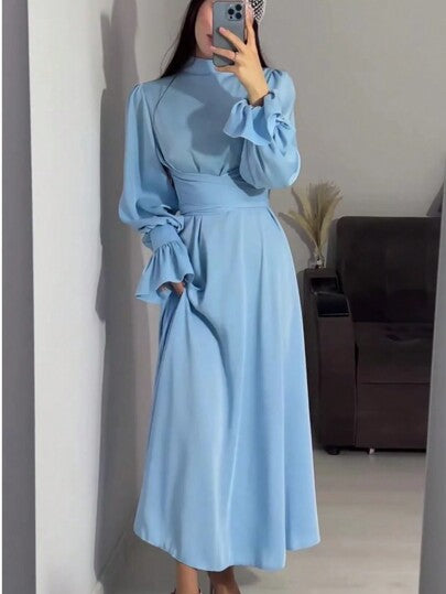 فساتين حريمي ثوب سهرة نسائي أنيق مزين بالكشكشة والربطة، من تصميم اللحام والياقات الرجعية، من القماش الأطلسي الصلب، لإطلالة مميزة