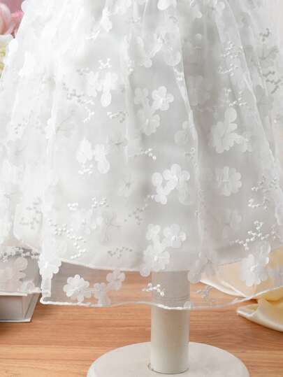 SHEIN فستان بناتي أنيق أبيض من التول المطرز بالزهور، مناسب للحفلات الخارجية والأفراح والمآدب والعطلات الصيفية