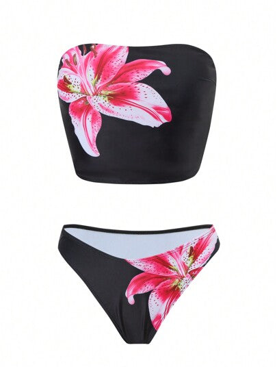طقم تانكيني حريمي Swim SXY ملابس سباحة تانكيني للنساء بطباعة الأزهار الحمراء والعرض العالي للبنطال والحزام، صيفي