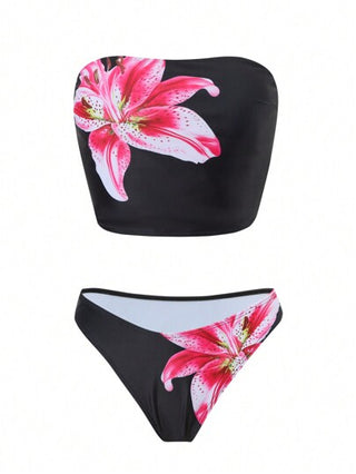 طقم تانكيني حريمي Swim SXY ملابس سباحة تانكيني للنساء بطباعة الأزهار الحمراء والعرض العالي للبنطال والحزام، صيفي