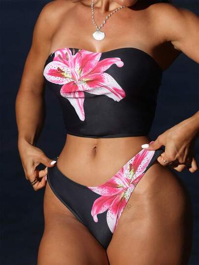 طقم تانكيني حريمي Swim SXY ملابس سباحة تانكيني للنساء بطباعة الأزهار الحمراء والعرض العالي للبنطال والحزام، صيفي