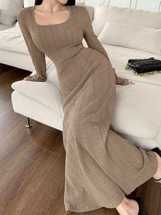 Mulvari فستان طويل للنساء بأكمام طويلة وذو لون واحد، متواضع في التصميم ولبس كاجوال لجميع الأيام