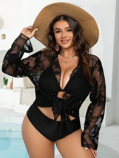 Swim Lushoire كيمونو نسائي مزخرف بزهور على شبكة ومقاس كبير، للاستخدام في الصيف والعطلات على الشاطئ
