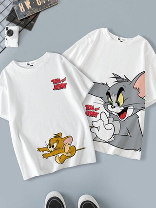 TOM & JERRY X  بلوزة نسائية كاجوال فضفاضة بياقة طاقم وأكمام قصيرة، مناسبة للصيف (بلوزة نسائية واحدة فقط)