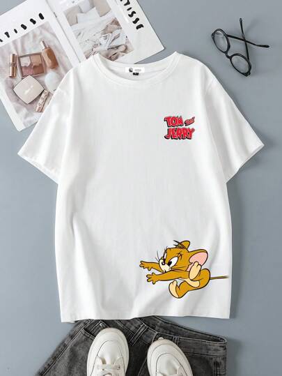 TOM & JERRY X  بلوزة نسائية كاجوال فضفاضة بياقة طاقم وأكمام قصيرة، مناسبة للصيف (بلوزة نسائية واحدة فقط)